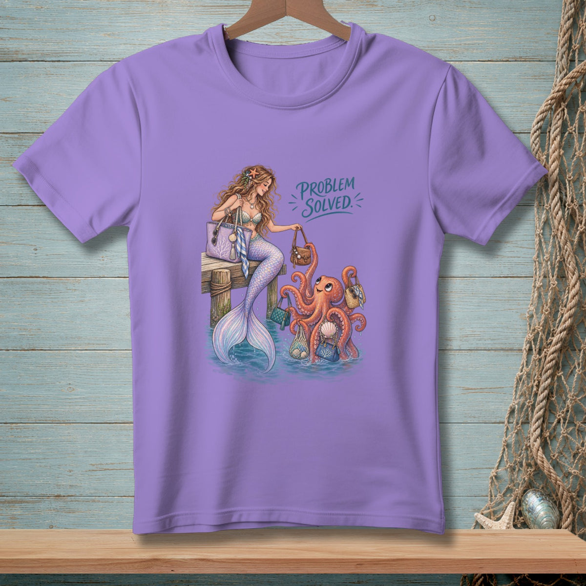 Mermaid and octopus with purses with text "Problem Solved".