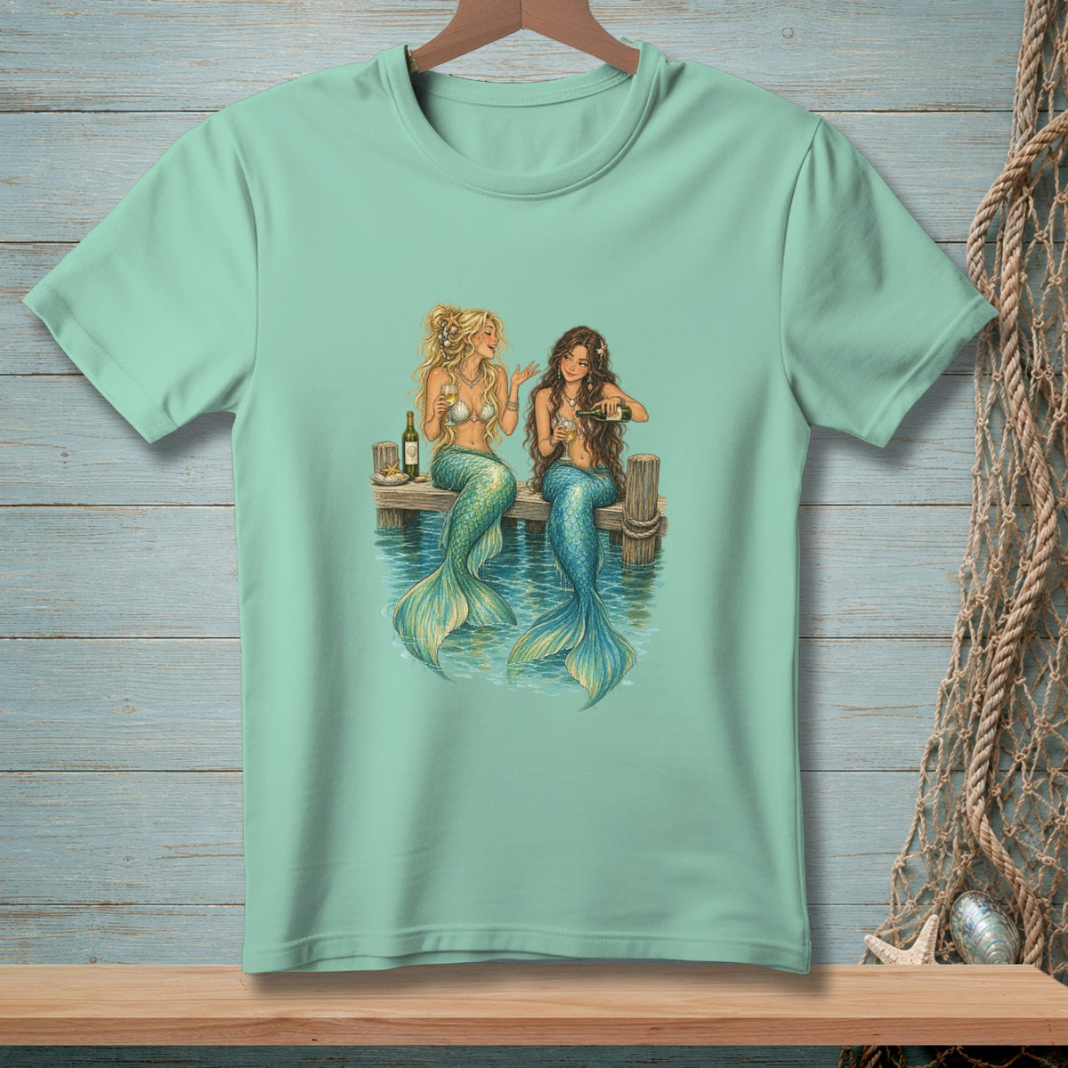 Two mermaids with blue and green tails sit on a dock, drinking from wine glasses.