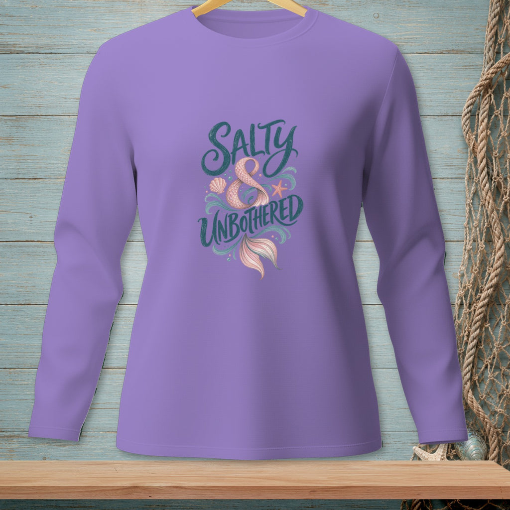 Purple long-sleeve shirt with "Salty & Unbothered" text and mermaid tail graphic.