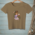 Brown t-shirt with mermaid and crab graphic that says "BE INTERESTING".
