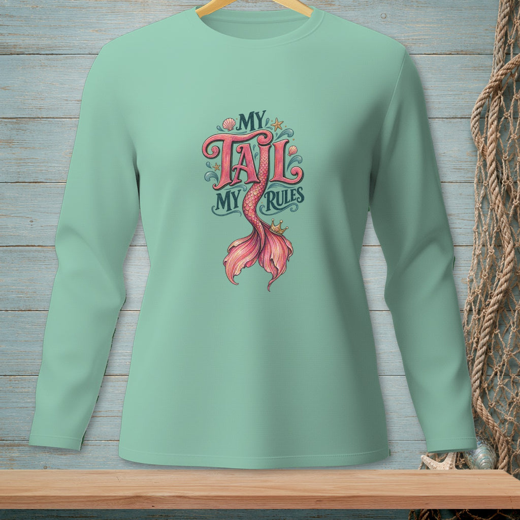 Light green long-sleeve shirt with "My Tail My Rules" mermaid graphic.