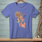 Mermaid with a drink and "Bad Hair Good Pour" text on a purple t-shirt.