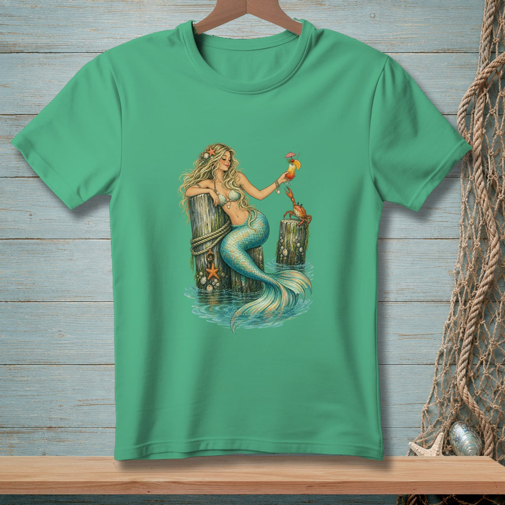 Green t-shirt featuring a mermaid holding a drink with a crab and starfish.
