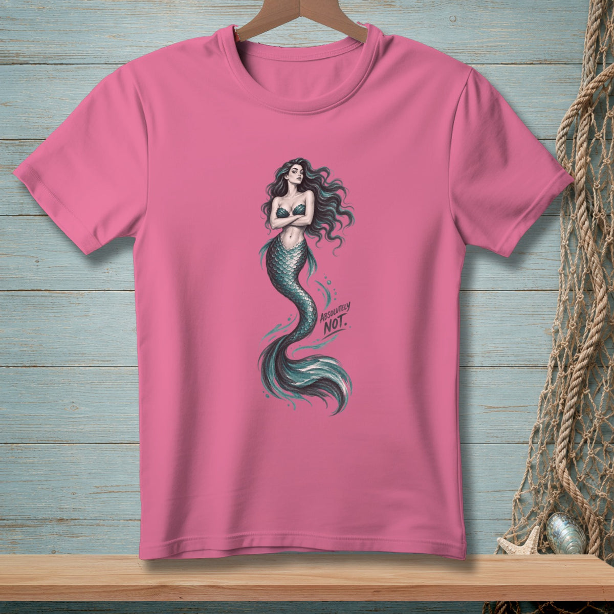 Pink t-shirt with mermaid graphic and text "ABSOLUTELY NOT."