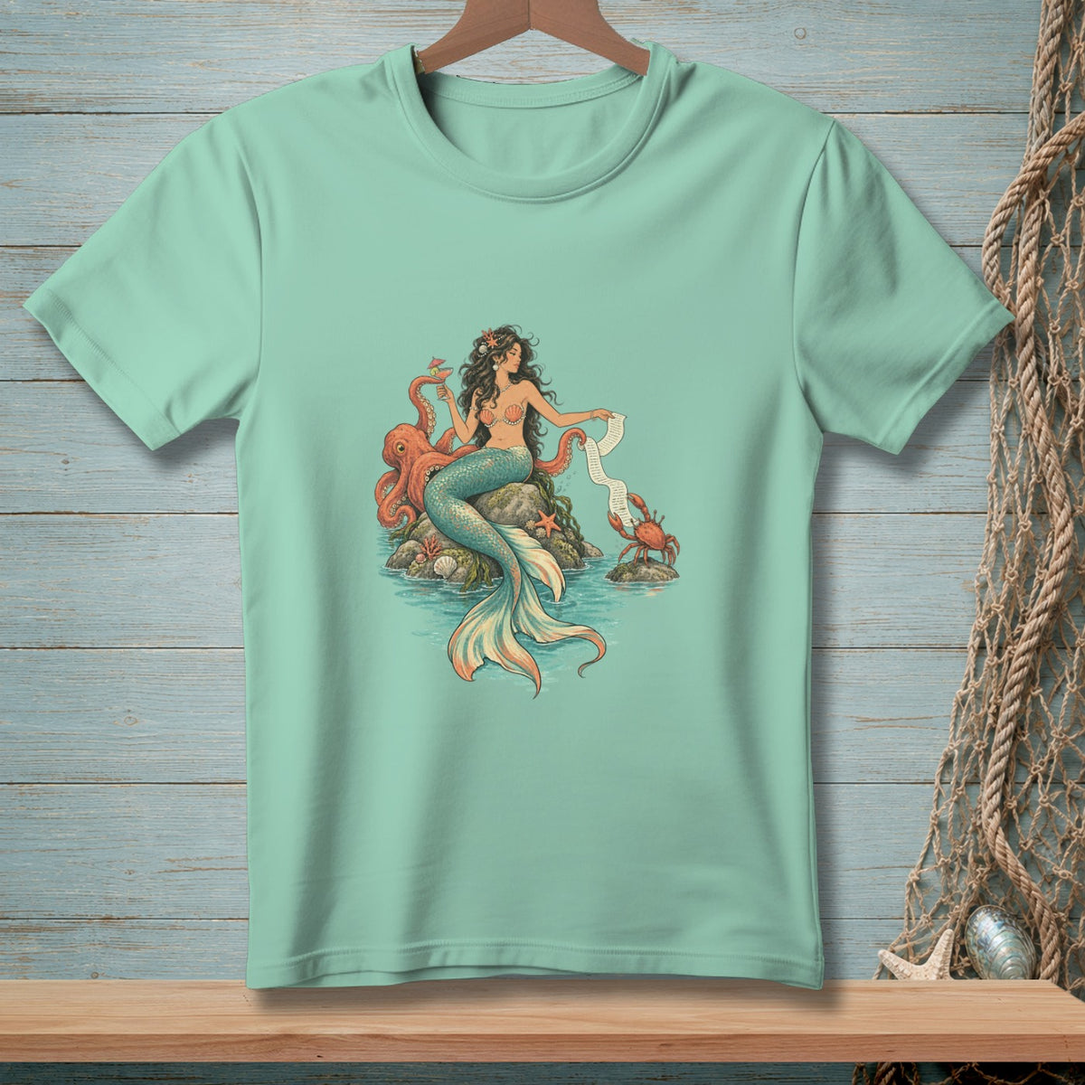 Mermaid with octopus and crab on a rock reading a scroll and holding a drink.
