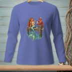Mermaid and lobster examine a pearl on a dock beside shimmering water.