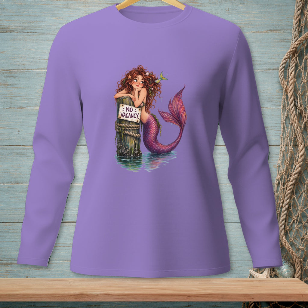 Purple long-sleeve shirt with a mermaid leaning on a post with "NO VACANCY" sign.