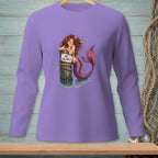 Purple long-sleeve shirt with a mermaid leaning on a post with "NO VACANCY" sign.