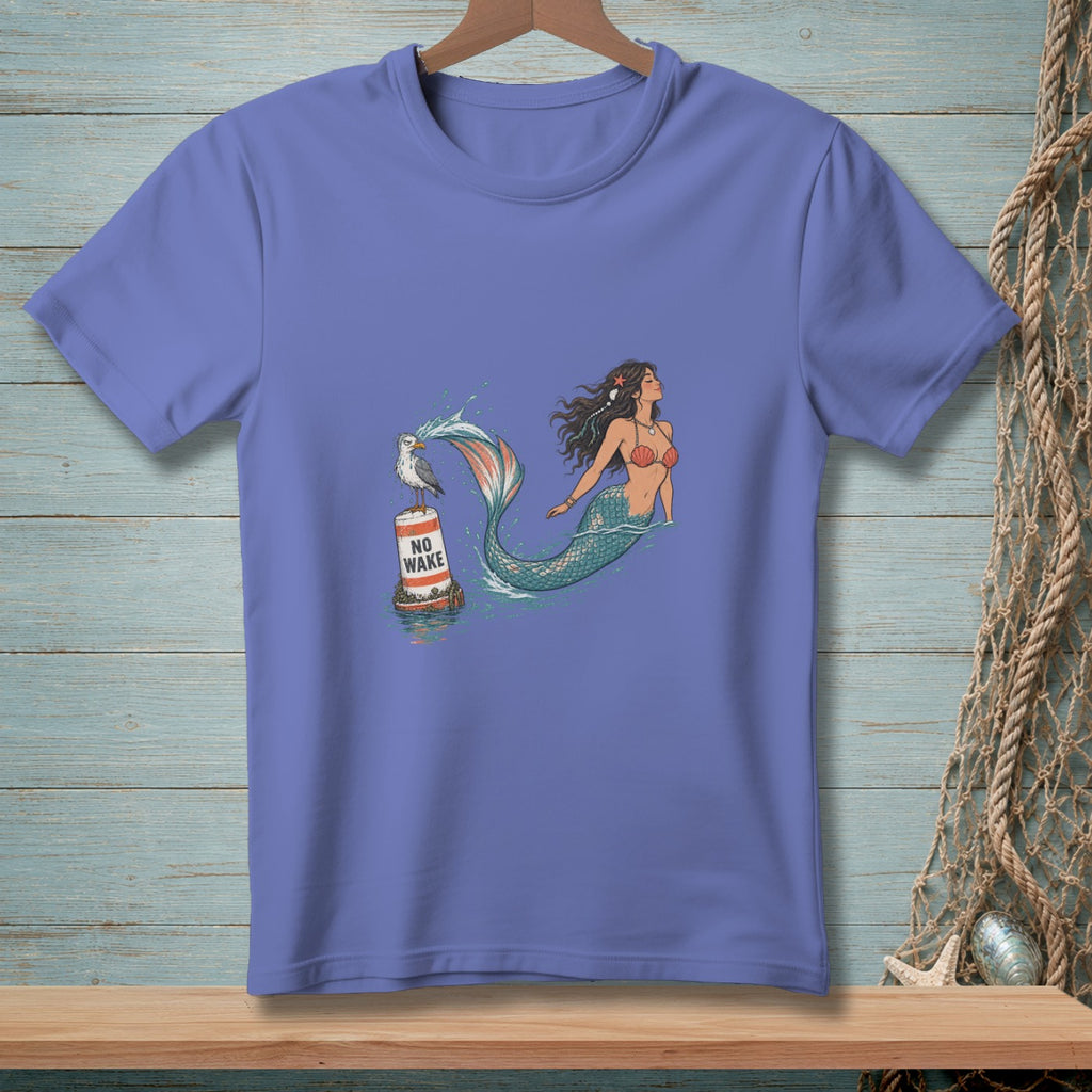 Mermaid with seagull on "NO WAKE" buoy, on purple t-shirt.