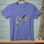 Mermaid with seagull on "NO WAKE" buoy, on purple t-shirt.