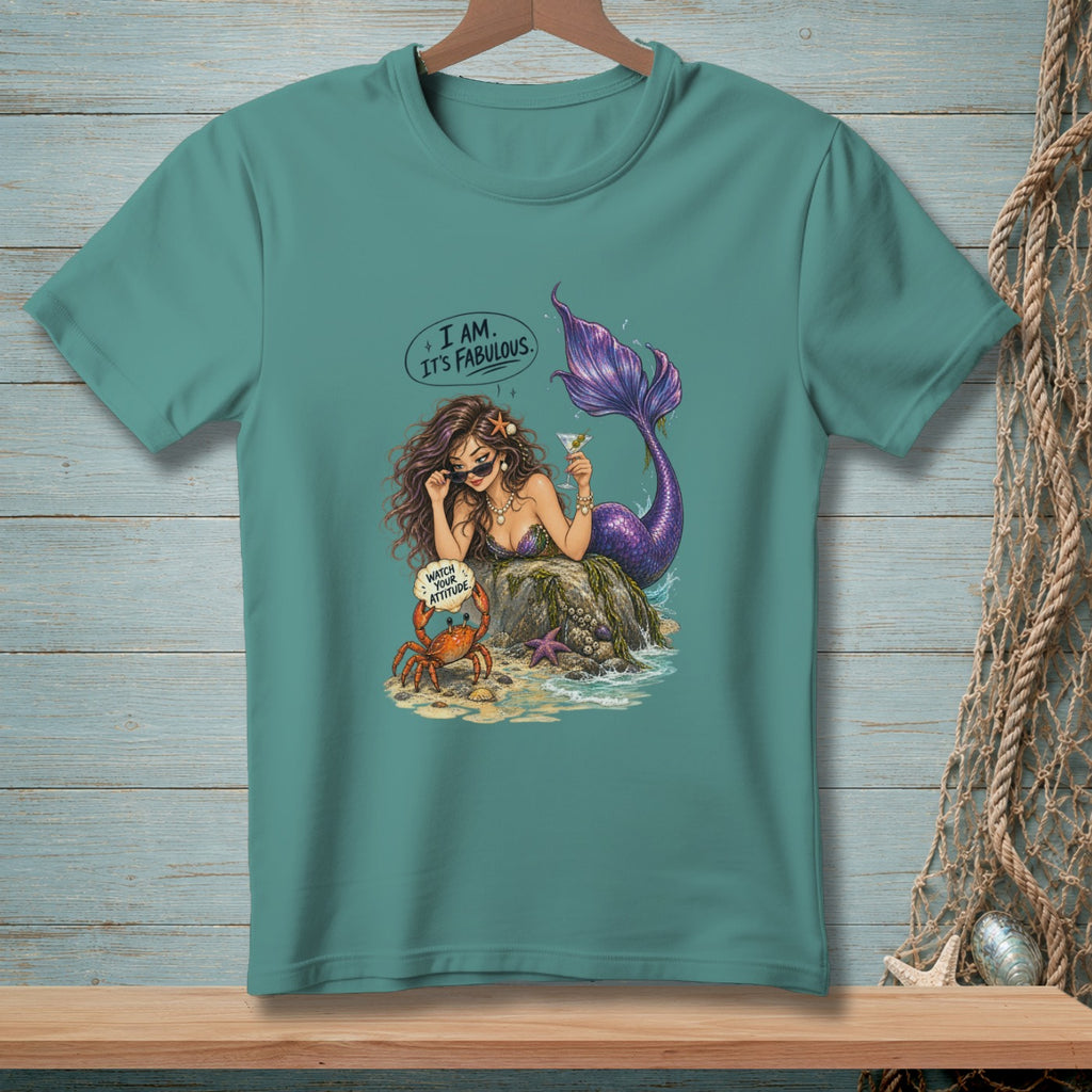 Mermaid with purple tail holding a drink, with a crab saying "Watch Your Attitude."