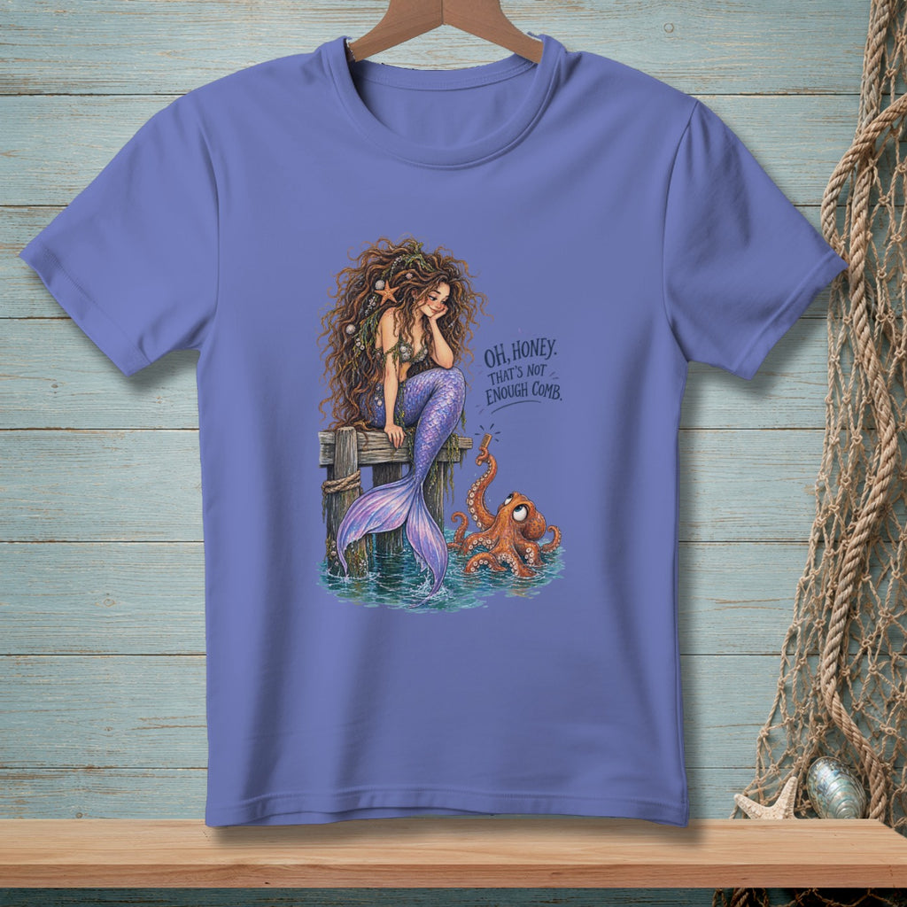 Purple t-shirt with mermaid and octopus graphic text "Oh, honey, that's not enough comb."