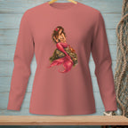 Pink long-sleeve shirt with a detailed mermaid and crab graphic on a rock.