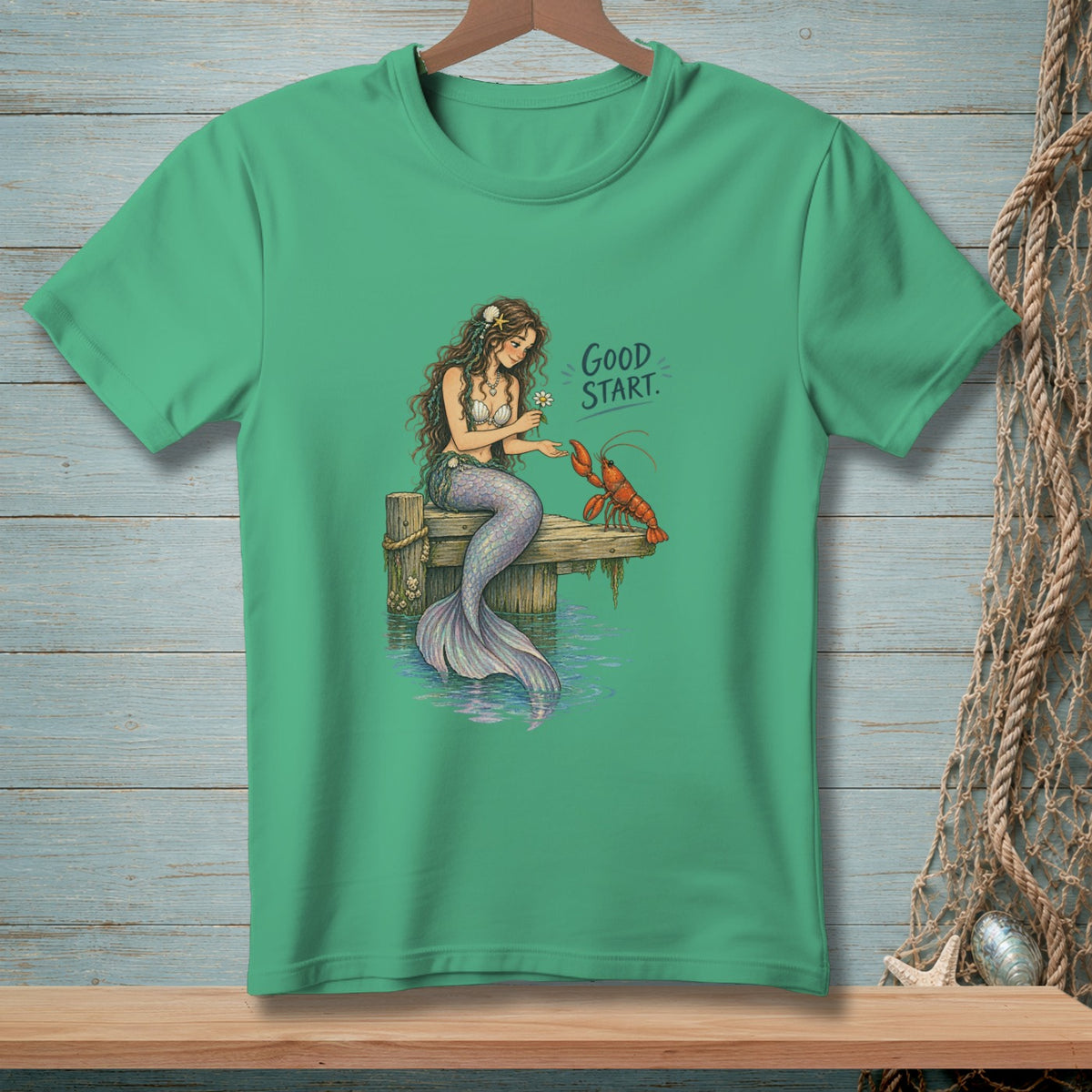 Mermaid sitting on a pier with a lobster, "GOOD START." text.