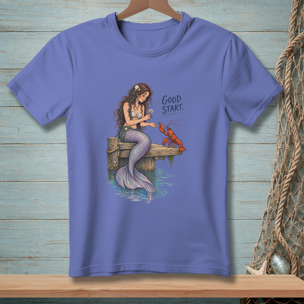 Mermaid on dock offering flower to lobster, with "GOOD START." text.