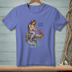 Mermaid on dock offering flower to lobster, with "GOOD START." text.