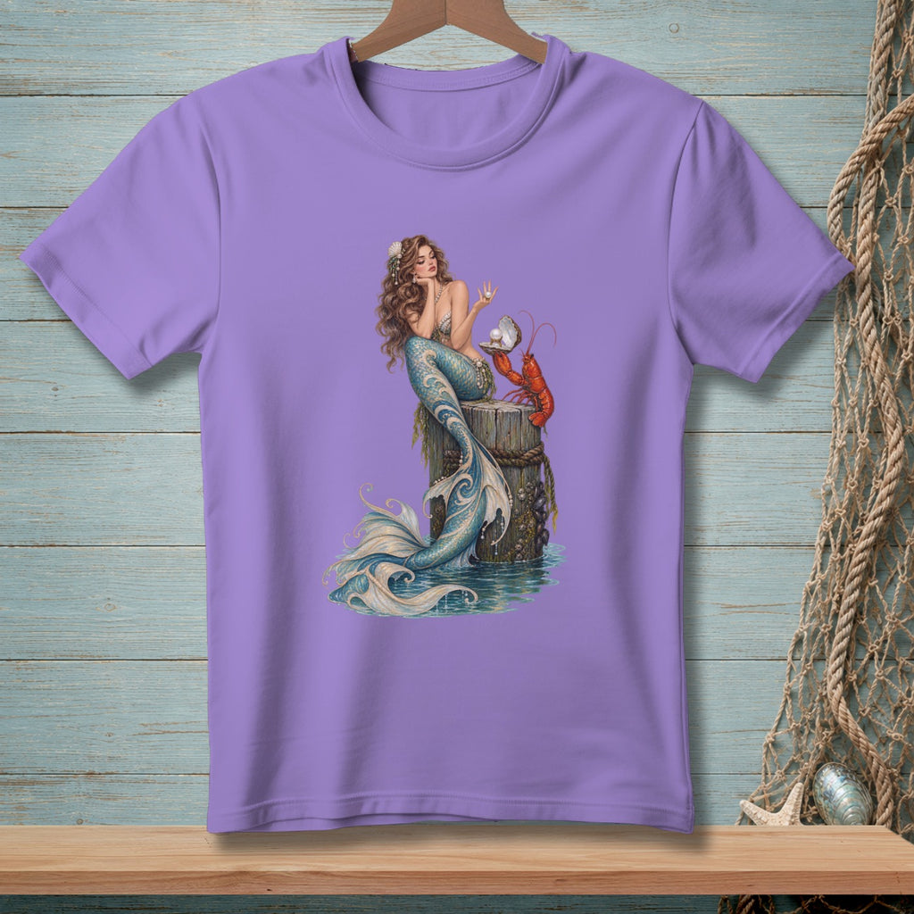 Lavender t-shirt with a detailed illustration of a mermaid, lobster, and pearl.