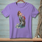 Lavender t-shirt with a detailed illustration of a mermaid, lobster, and pearl.