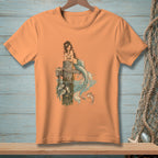 Illustration of a mermaid with fish on an orange t-shirt.