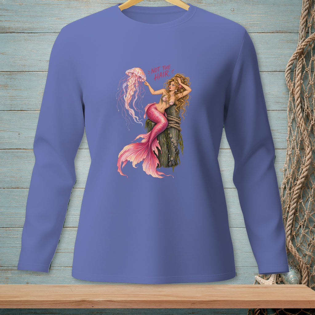 Mermaid sitting on a post with jellyfish and text "NOT THE HAIR".