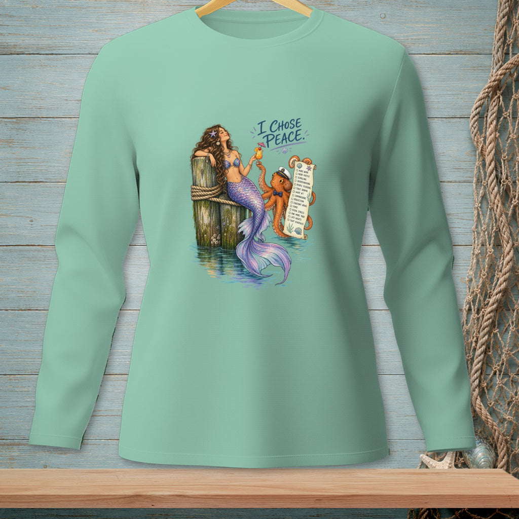 Mermaid with octopus holding a drink and a scroll reading "I CHOSE PEACE."