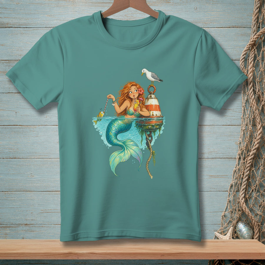 Mermaid with drink, fishing, and a seagull on a buoy.