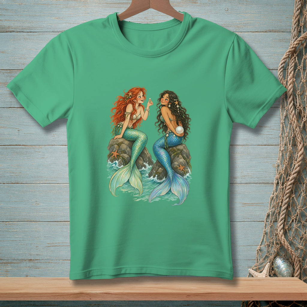 Two mermaids, one with red hair and one with dark hair, sit on rocks holding a pearl.