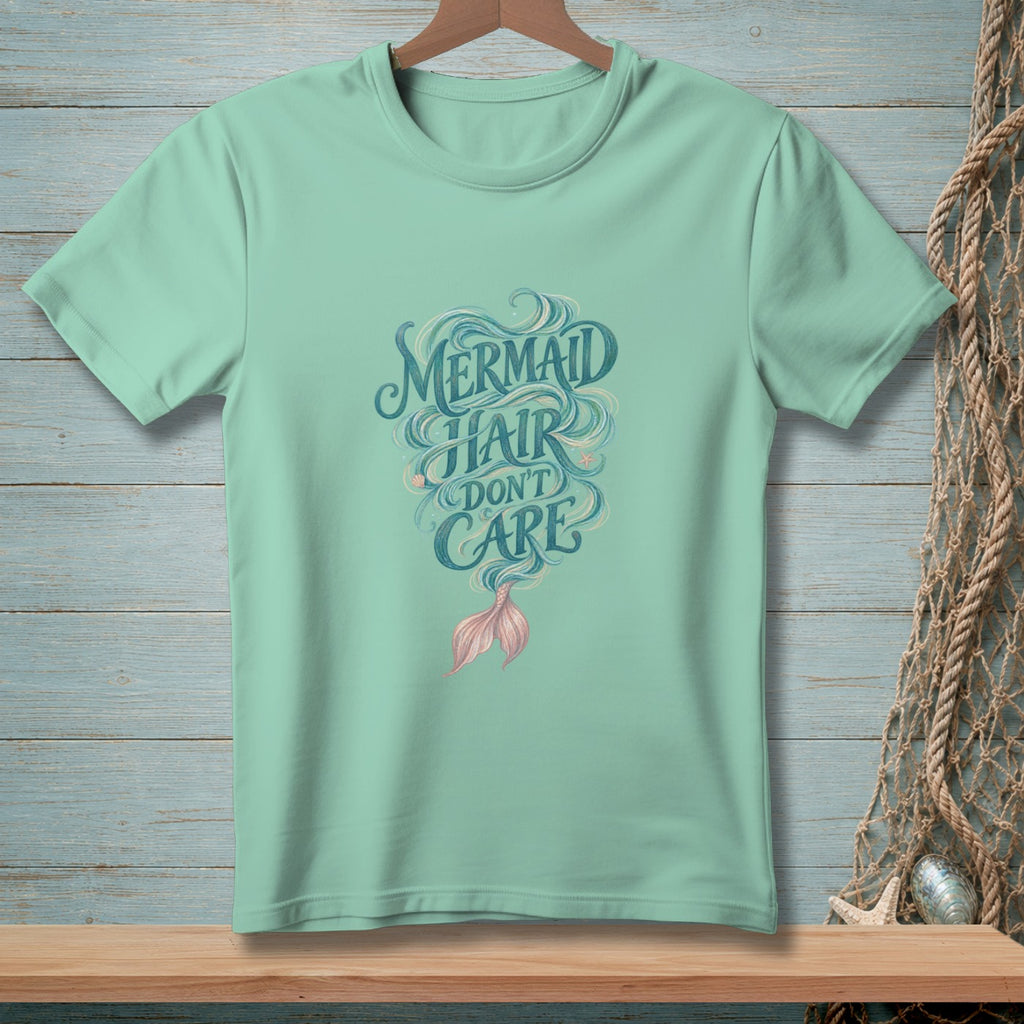 Mint t-shirt with "Mermaid Hair Don't Care" text and a mermaid tail.