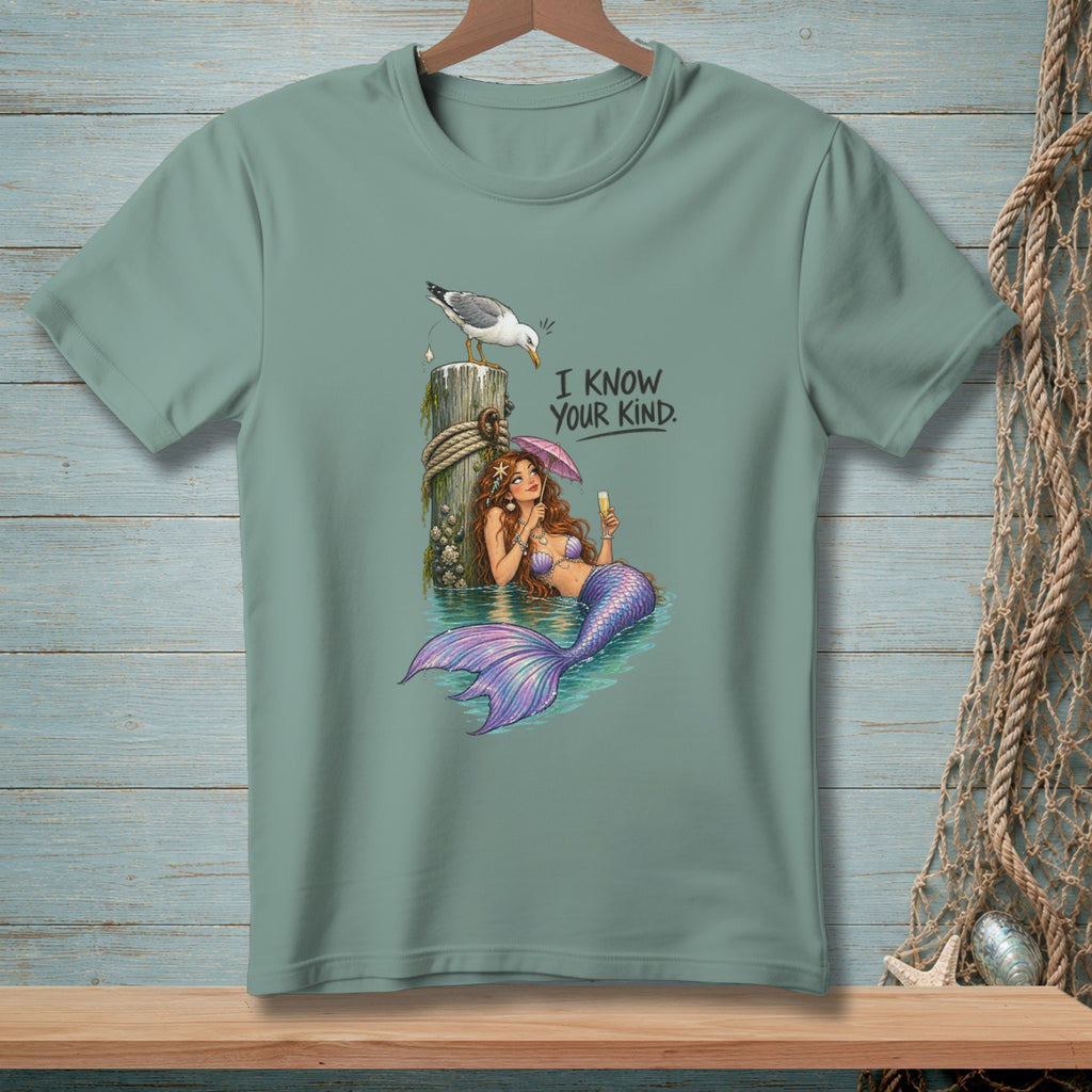 Mermaid with umbrella and drink, with seagull on dock, text "I KNOW YOUR KIND."