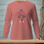 Salmon long sleeve shirt with "My Tail My Rules" mermaid graphic.