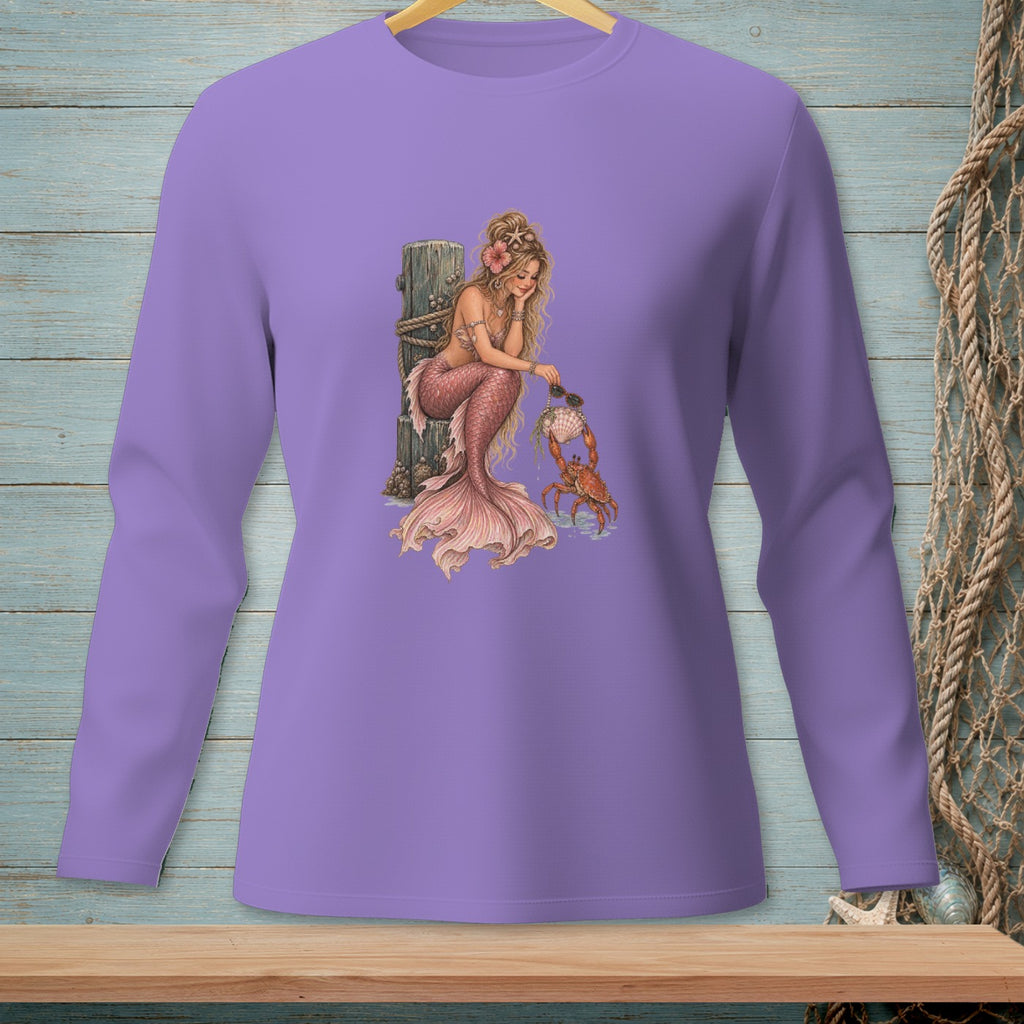 Mermaid with crab and seashell on purple long-sleeved shirt.