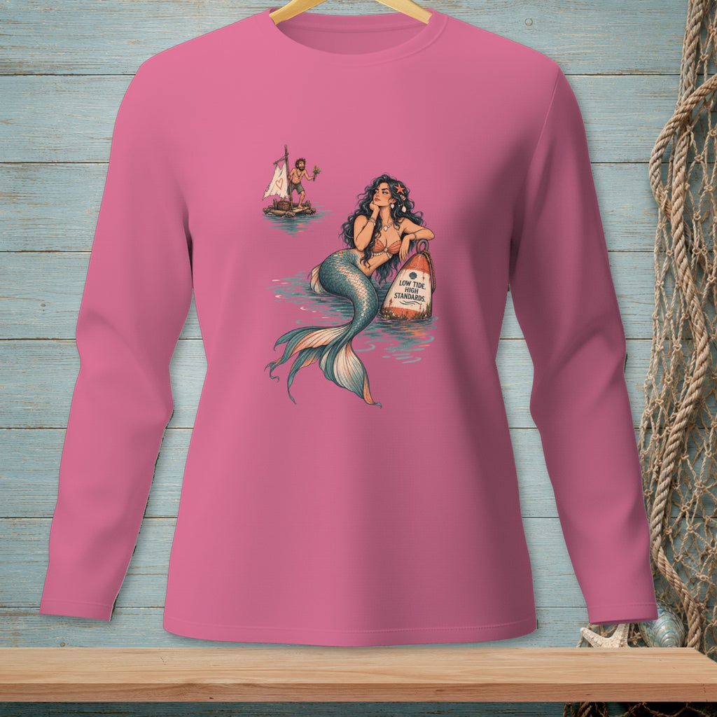Pink long sleeve shirt with mermaid and man on raft graphic and text "Low tide, high standards".