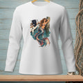 White long-sleeve shirt with a detailed print of a mermaid and boat by a pier.
