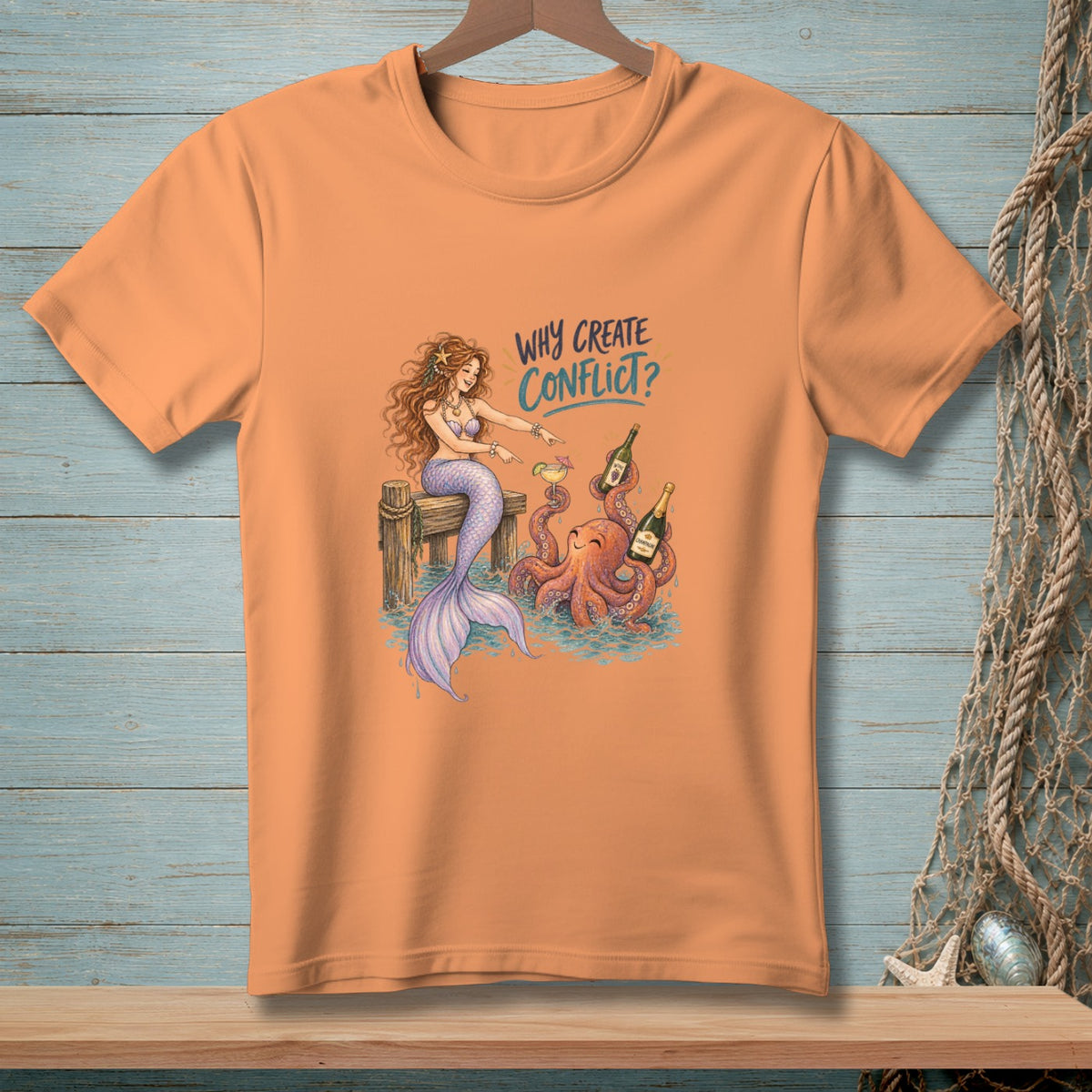 Mermaid and octopus with champagne bottles and the text "Why Create Conflict?".