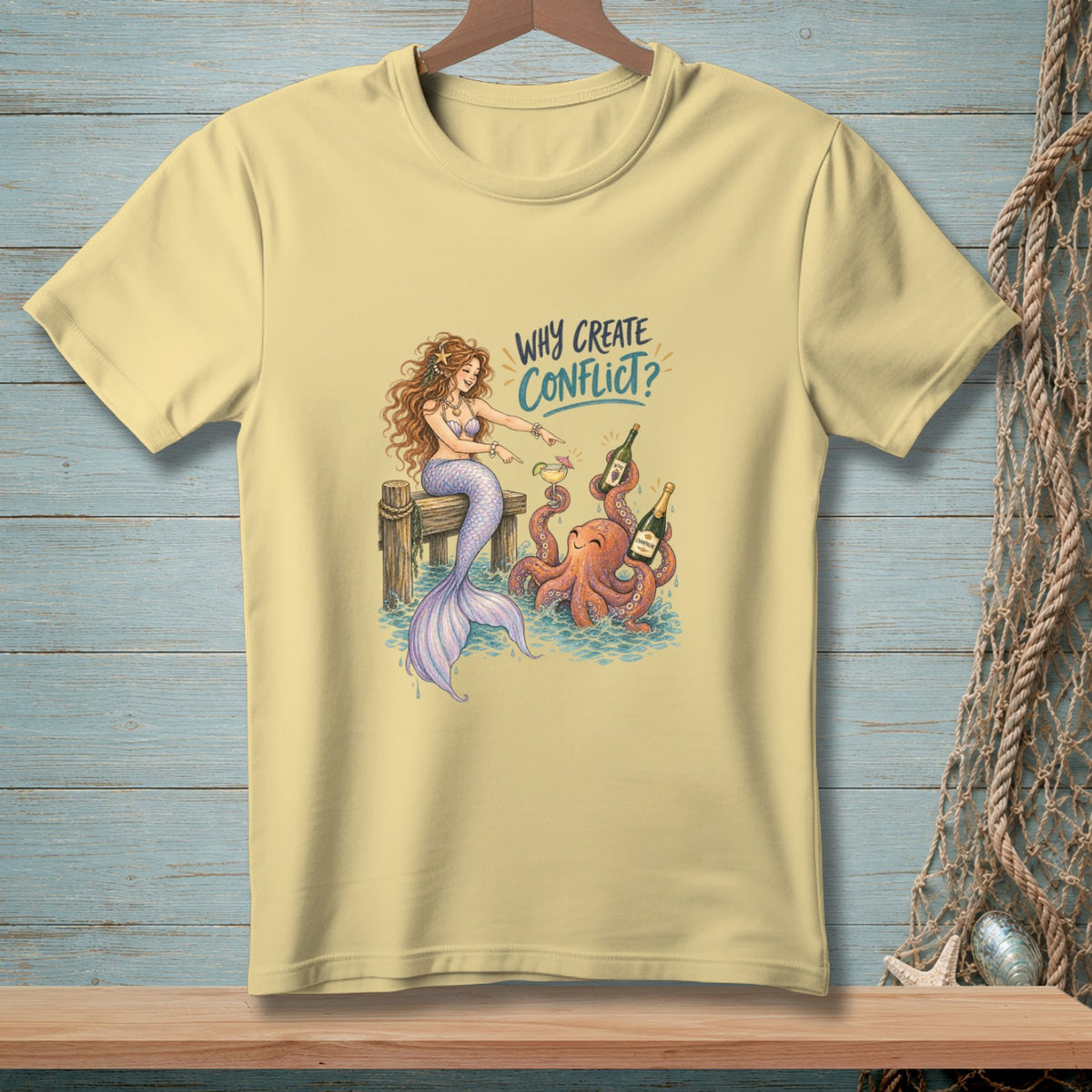 Light yellow t-shirt with a mermaid and octopus drinking champagne, asking "Why Create Conflict?"