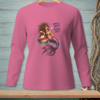 Pink long-sleeve shirt featuring a mermaid with text "Hair's a Wreck. Priorities Intact."