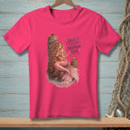 Pink t-shirt with a mermaid illustration and text "Don't Touch the Mermaid Hair."