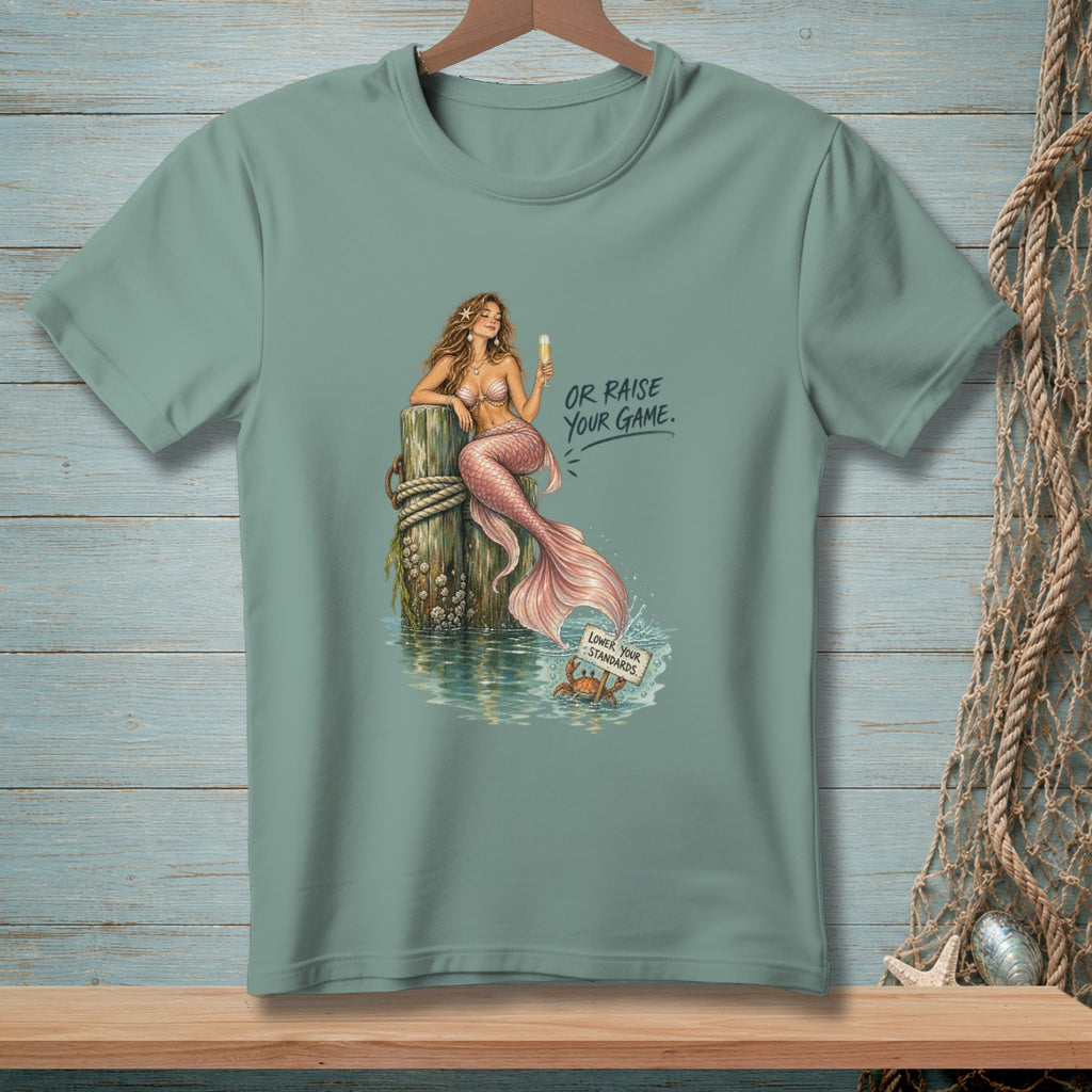 Mermaid on post holding drink with text "Or Raise Your Game" and crab with sign.