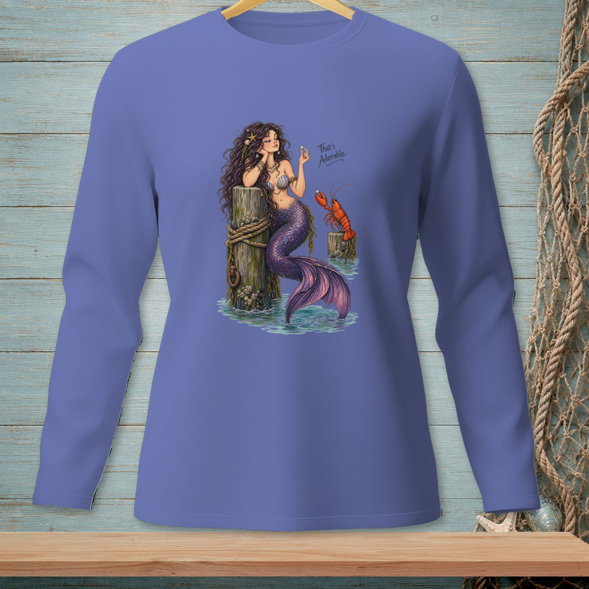 Long sleeve t-shirt with illustration of a mermaid and lobster saying "That's Adorable."