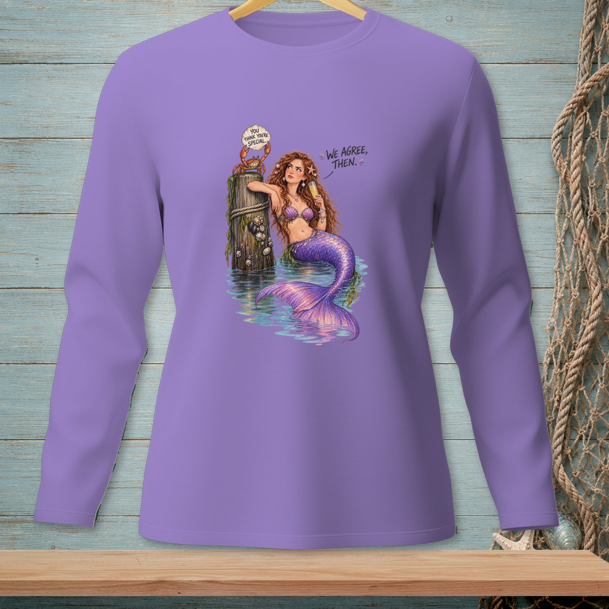 Mermaid with purple tail and crab on post, "We agree, then." text.
