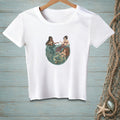 Three mermaids with colorful tails gathered in a circular body of water.
