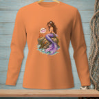 Long sleeve orange shirt with a mermaid holding a sign that says "Be Reasonable, Be Fabulous."