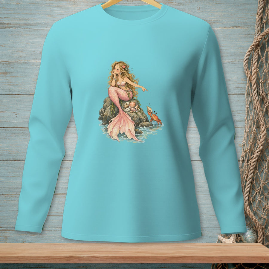 Long-sleeve teal shirt with a blonde mermaid pointing at a crab on a rock.