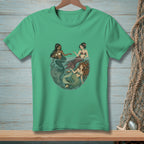 Three mermaids with colorful tails swim in a circular underwater scene.
