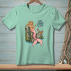 Mermaid with a drink and a crab on rocks, with text "Stay Crabby, My Friend."