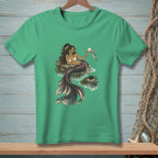 Green t-shirt featuring a detailed illustration of a mermaid with a pearl and a fish.