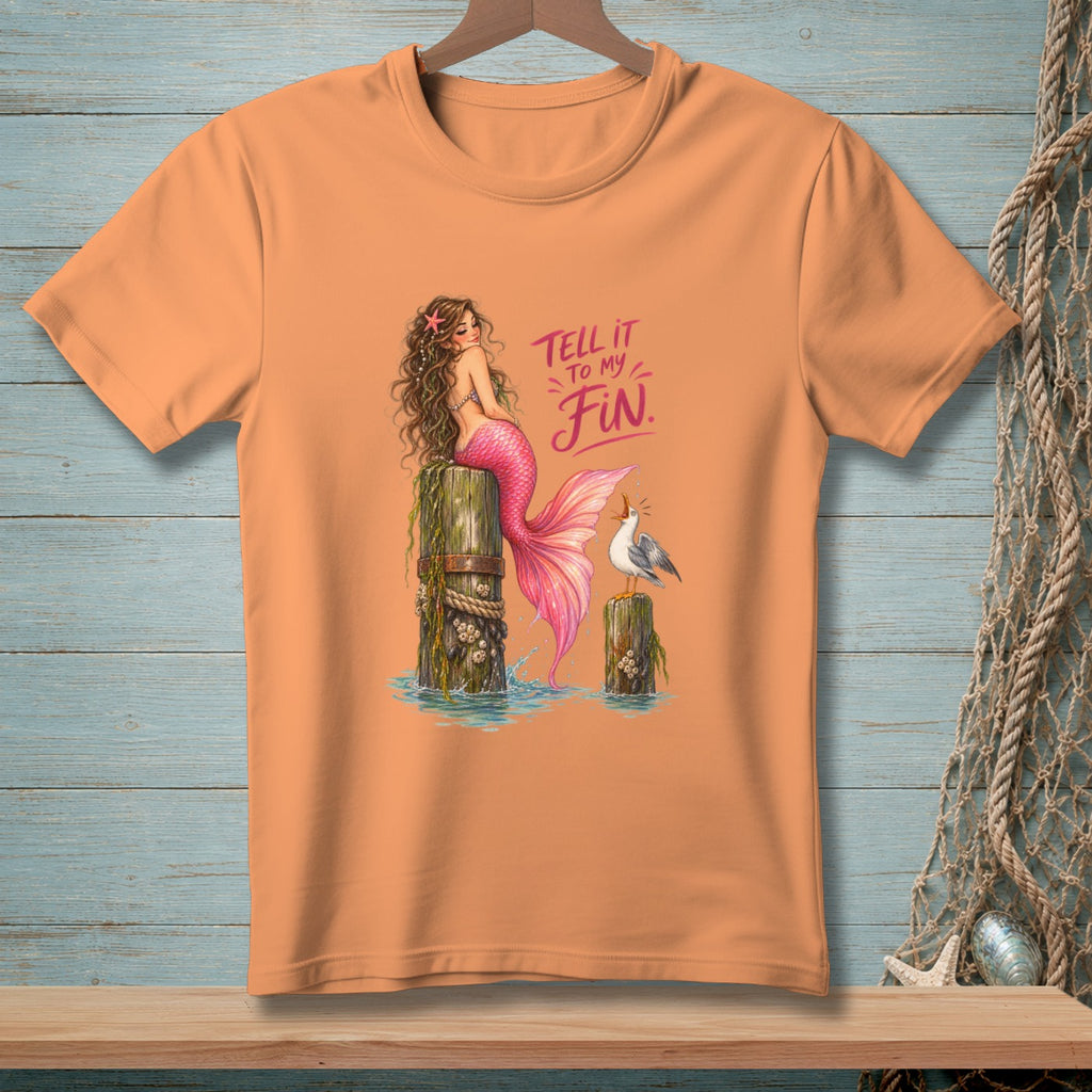 Mermaid sitting on a post, with a seagull and text "TELL IT TO MY FIN."