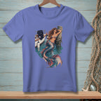 T-shirt with a graphic of a mermaid holding a champagne bottle near a boat.
