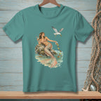 Mermaid on rock with cocktail and a seagull stealing olives from a bowl.