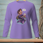 Purple long-sleeve shirt with mermaid saying "I already am" next to crab.